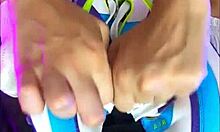 blonde teen girlfriend in nike air sneakers for foot fetish session at home