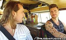 Friends pick up and spit roast twink in car.