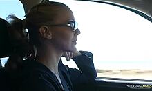 two colleagues pull giant cocks for busty friend threesome