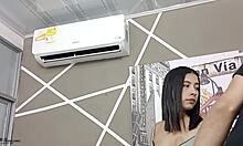 the technician gets lucky fucking vayoleth's big pussy with fingering and blowjob, ending in creampie