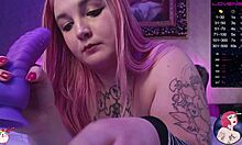 chubby girl blows dragon dildo on stream