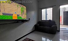 Young girl relaxes on couch with legs open