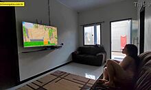 Young girl relaxes on couch with legs open