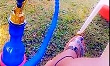 Ebony Girl Smoking Shisha Outdoors And Fucking An Eggplant With Detailed Intensity.