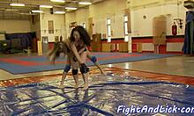 Smalltit eurobabes wrestle and lick pussy.