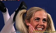 A teen 18+ blonde babe starts sucking cock eagerly. Her European charm shines in high definition CFNM action.