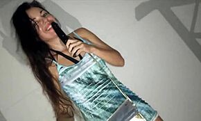 Up dress, no panties, riding black dildo in hotel