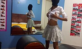 Latina ebony brunette touches her ass and tits in amateur mirror session.