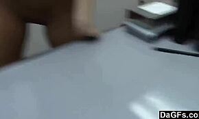 Watch this cheerful brunette get banged hard doggystyle