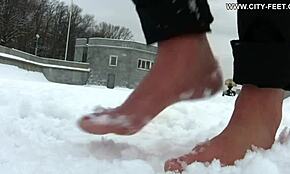 Hot Bitch Strolls Barefoot On Snow – Provocative!
