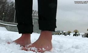 Hot Bitch Strolls Barefoot On Snow – Provocative!