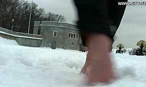 Hot Bitch Strolls Barefoot On Snow – Provocative!