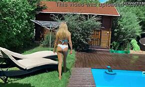 Sexy Russian-Spanish babe shows big tits outdoors by the pool