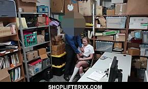 A pervert officer at the shop fucks a young blonde shoplifter with his monster cock.