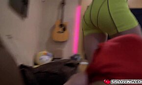 Blonde stepsister surprises stepbrother with a handjob while he jerks off, leading to a titty fuck and blowjob in their home