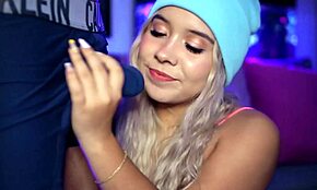 Horny blonde with a cute face teases her boyfriend's cock while wearing boxers, turning it into a sexy stimulation session.