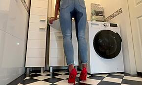 soaking jeans and red classic heels while playing with pee