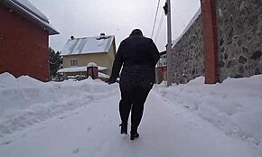 hey, wanna see this big ass under a short dress? curvy milf in pantyhose struts on snowy public street while voyeurs stare at her fetish pawg body