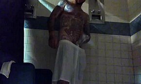 Stroking big tatted white dick in the shower