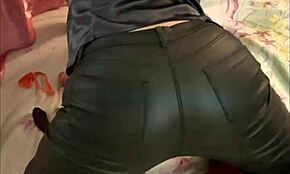 French Amateur in Leather Pants and Satin Lingerie Teases in Heels! 😍