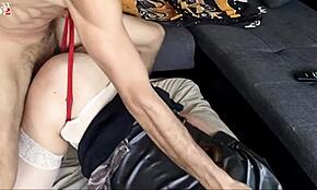 amateur french slut in red lace dress does doggy blowjob, pov ass licking, panties in mouth