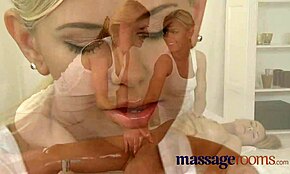 Raunchy lesbian threesome in massage room after oil massage! Fingering and oral lead to orgasm