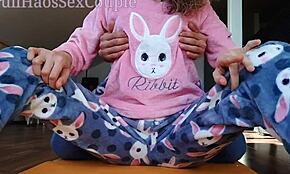 stepbrother teases and masturbates stepsister's small tits and horny pussy in pajamas close-up