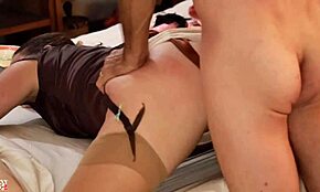 french amateur in tight satin brown dress, satin panties, high heels, getting licked, sucked, rimmed, and pounded hard doggy style.