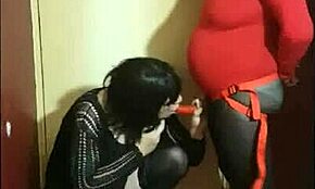 Crossdresser in homemade couple scene takes ass to mouth with dildo.