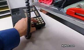 Petite thief gets sloppy blowjob and choked fucking at office