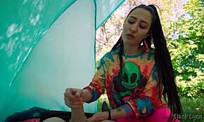 Slutty Hippie Gives Free Handjob in Outdoor Tent