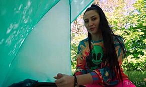 Slutty Hippie Gives Free Handjob in Outdoor Tent