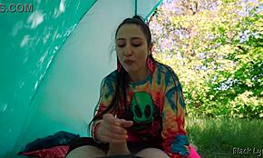 Slutty Hippie Gives Free Handjob in Outdoor Tent