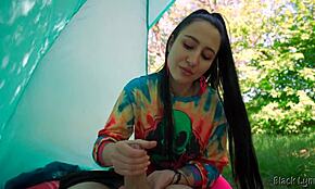 Slutty Hippie Gives Free Handjob in Outdoor Tent