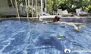 hot babe swims naked and grabs my cock by the pool