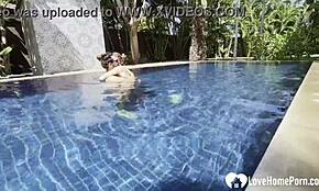 hot babe swims naked and grabs my cock by the pool