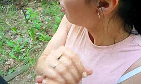 vlogger films risky blowjob with friend in park nature