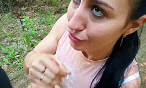 vlogger films risky blowjob with friend in park nature
