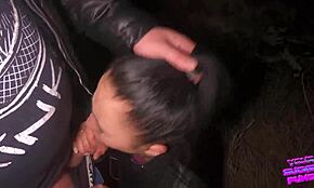 Nighttime outdoor face fucking with huge cock