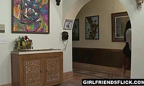 Two horny babes watch lesbian porn, then strip naked and dive into each other's pussies.