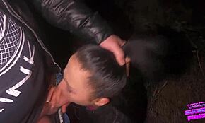 Nighttime outdoor face fucking with huge cock