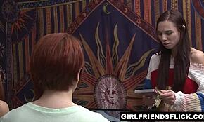 Two horny babes watch lesbian porn, then strip naked and dive into each other's pussies.