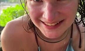 Horny Teen 18+ in Bikini Gives Oily Titjob and Sucks on Public Beach