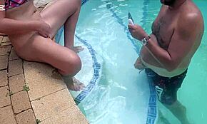 Stepmom mutual masturbation in the outdoor swimming pool with taboo vibes