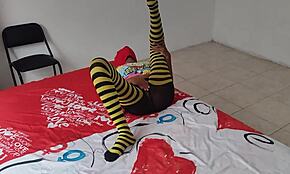 Stepmother caresses buttocks and tits then stepson rubs penis with feet