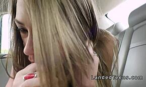 small tittied teen sucking huge cock in the car till he cums on her face.