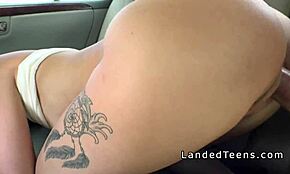 small tittied teen sucking huge cock in the car till he cums on her face.