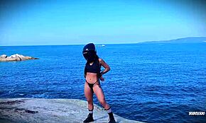 biker girl crazy on beach