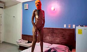 My brunette stepsister tells me she wants to celebrate halloween in a hotel bed she put on a mask and shakes her body and hips very sexy finally she getts naked for me 😈