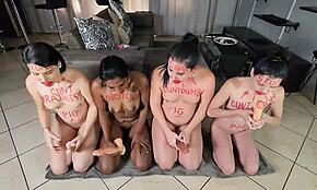 Desi girls with red lipstick doing nude exercises and dildo deepthroat with face spitting